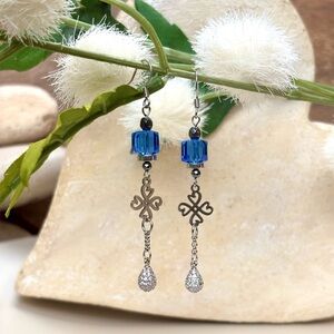 Handmade Blue and Silver Drop fashion Earrings Gardgy micro pave drop square